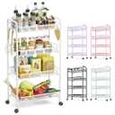 TOOLF 4-Tier Rolling Cart, Metal Utility Cart with 3 Hooks, Easy Assemble Mobile Storage Trolley On Wheels, Metal Shelving Units Kitchen Bathroom Laundry Room