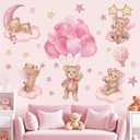wondever Pink Balloon Bear Wall Stickers Hot Air Balloon Animals Clouds Stars Peel and Stick Wall Art Decals for Baby Nursery Kids Girls Bedroom