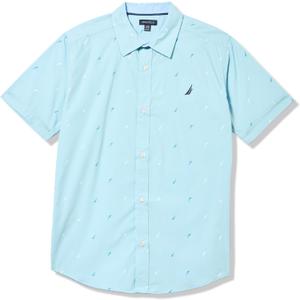 Nautica Boys Short Sleeve Woven Button-Down Shirt. Light Weight & Breathable (Blue, L)