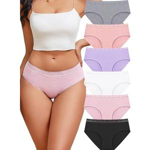 READY TO LOVE Cotton Underwear for Women 6 Pack Bikini Sexy Full Coverage Panties Lace Waistband Ladies Hipster L