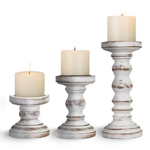 Candle Holder for Pillar Candle Set of 3, Farmhouse Wood Candle Holder, Rustic Wooden Candle Stand, Vintage Tall Candle Stand Decorative for Living Room, Table Centerpiece,White
