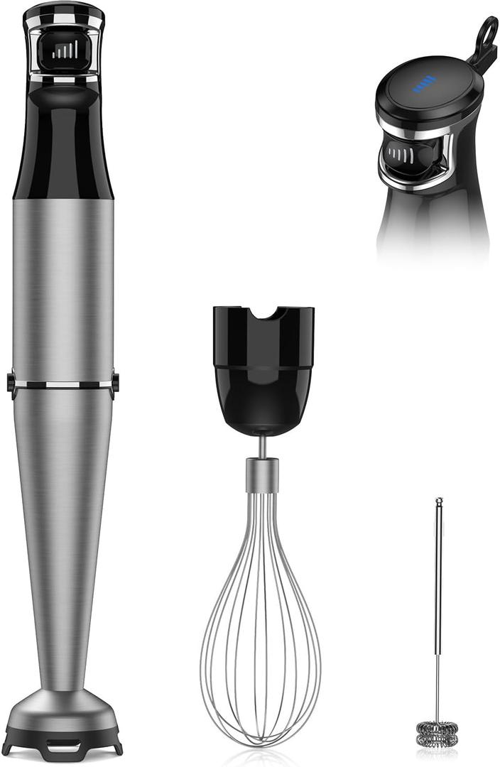 Immersion Blender Handheld 1100W 3 in 1 Corded Stick Hand Blenders for Kitchen with Trigger Speed Control, with Whisk, Milk Frother Attachemnts, Perfect Emulsifier for Soup, Smoothie, Puree (Silver)