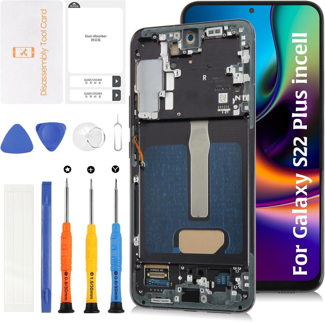 InCell S22 Plus LCD Display Screen Replacement (No Fingerprint Function) with Phantom Black Frame for Samsung Galaxy S22+ SM-S906U S906W S906B Replacement Touch Digitizer Assembly