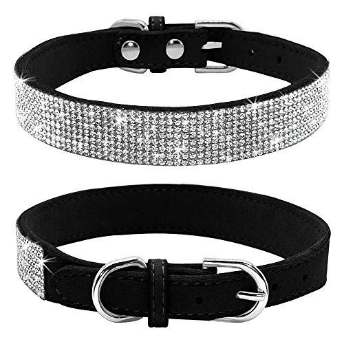 Haoyueer Rhinestone Dog Collar, Cute Dazzling Sparkling Soft Suede Leather Dog Cat Rhinestone Collar Crystal Diamond Pet Dog Puppy Collar(Black,L fit Neck 38-46 cm)Only1