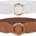 Beltox Women Elastic Belt Dress Stretchy Wide Waist Vintage Thick Cinch PU Leather (L-XXL (35-47 inch stretch range), Khaki and White 2pcs)