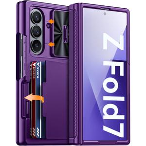 Vizvera for Samsung Galaxy Z Fold 7 Case RFID Wallet with Cards Holder [Hinge Cover] [Camera Cover] Shockproof Silicone Protective Phone Case for Z Fold 7 2025-Purple