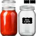 ComSaf Wide Mouth Mason Jars 32 oz with Lids 2 Pcs, Quart Mason Jars with Seal Band, Large Glass Jars, Large Canning Containers for Pickles, Jams, Sauces, Salsa, Sourdough, Salad, Suntea, Food Storage
