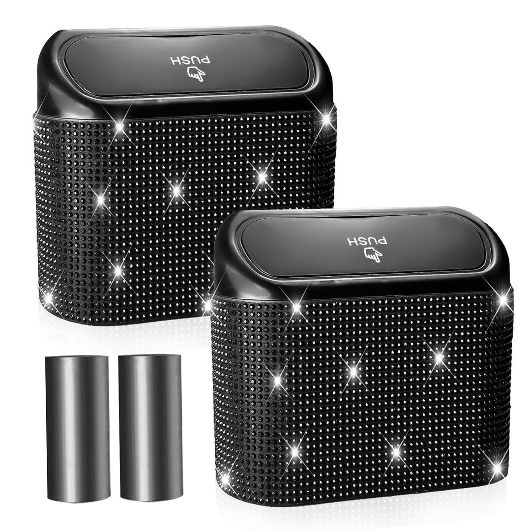 NBTEPEM Bling Car Trash Can with Lid - 2 Pack, Mini Auto Garbage Can with 60 Trash Bags, Automotive Garbage Container Bin, Bling Car Accessories Trash Can for Women (Black Diamond)