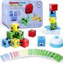 Montessori Puzzle Game for Kids - Wooden Face Changing Magic Cube Game, Educational Face Changing Cubes, 3+ Years (64 Cards, 16 Blocks, 1Bell)