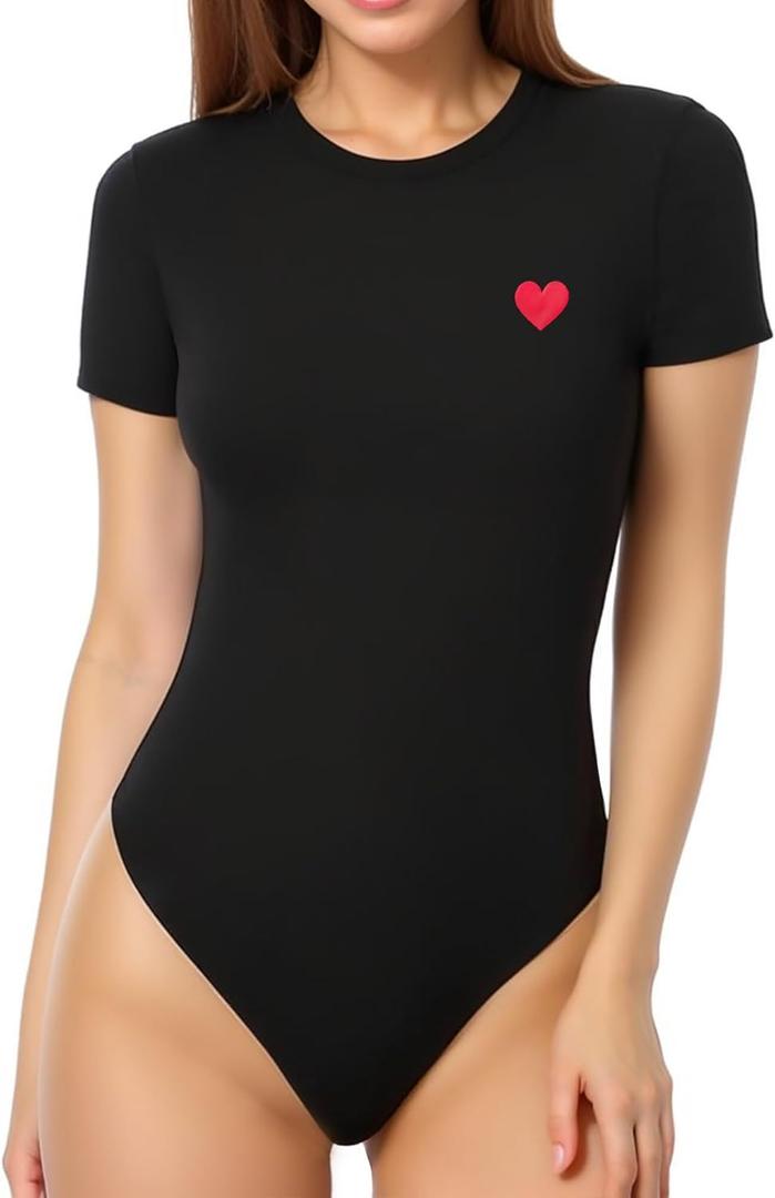 MANGOPOP Women's Round Neck Short Sleeve Bodysuit T Shirts Basic Body Suit Tops, Size M