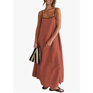 Senllen Women's Linen Dress Summer Loose Flowy Sundress Contrast Spaghetti Strap Sleeveless Backless Beach Maxi Long Dresses, Large, Brick Red 