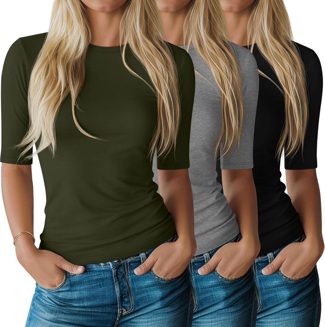 Riyiper 3 Pack Women's Half Sleeve Tops Crewneck 1/2 Sleeve T Shirts Elbow Length Tops Slim Fit Cotton Blend Basic Tees (XX-Large, Black, Army Green, Light Gray)