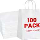 Gift Bags 8.25"x5.9 "x3.15" 100Pcs White Kraft Paper Bag with Handles for Small Business Christmas Bulk, Wedding, Party Favor, Shopping, Lunch, Halloween Trick-or-Treat Bags