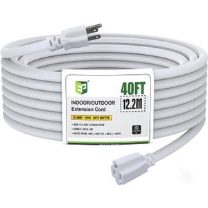 EP 40 Ft Outdoor Extension Cord, 12/3 SJTW Heavy Duty Extension Cable with 3 Prong Grounded Plug, 15 AMP Power Cord for Lawn, Garden, Appliances, White (40ft)