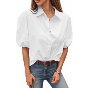Tankaneo Women's Button Down Shirts Short Puff Sleeve Collared Dressy Casual Blouse Tops (Medium, White)