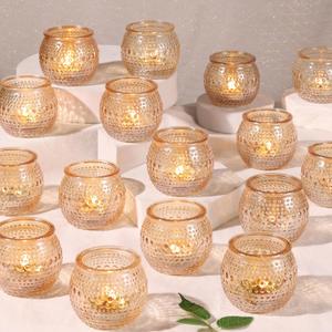 16 Pcs Gold Tea Light Candle Holders, Round Votive Candle Holders with Polka Dot Embossed, Gold Table Centerpiece for Weddings, Home Decor, Baby Shower, Special Occasions