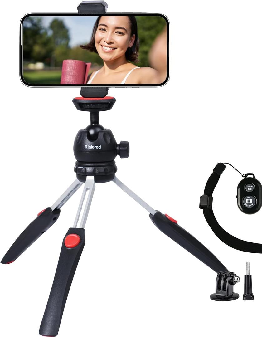 Mini Tripod with Phone Holder, Go Pro Adapter and Bluetooth Remoter Compatible with iPhone, Action Camera, Digital Camera, Osmo Pocket 3, 2