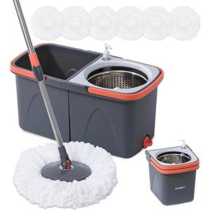 BOOMJOY Spin Mop and Bucket, Mop and Bucket with Wringer Set for Home, Easy Wring for Floor Cleaning with 6 Microfiber Replacement Refills