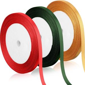 WILLBOND 3 Rolls 75 Yards Valentine's Day Gifts Ribbons 1/4 Inch Satin Wide Ribbon for Valentines Crafts Wrapping Wedding DIY Decoration Party Favors(Red, Green, Gold)