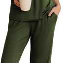 Ekouaer Womens Pajama Set Short Sleeve Sleepwear Pleated Floral Pjs Set Capri Pants Lounge Sets with Pockets S-XXL (Medium, Army Green)