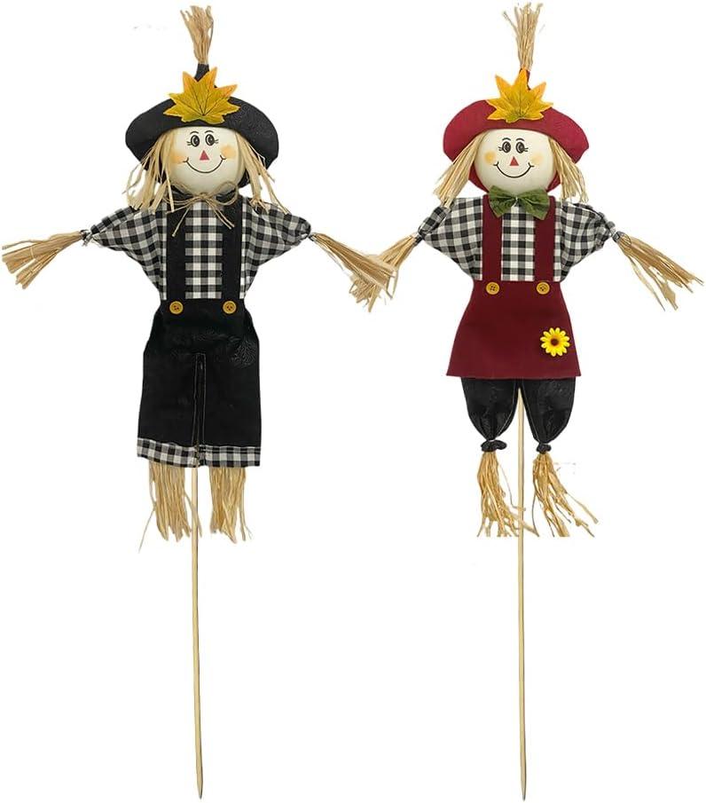 Stuffed Scarecrows Decor, 100CM Fall Harvest Decoration for Autumn, Large Size 39.4 Inch Mr Mrs Scarecrow Gift for Halloween Thanksgiving, Bird Porch Away Decors for Outdoor, Black and Red
