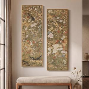 Framed Vintage Long Narrow Chinoiserie Wall Art for Living Room, 60x20 Inch, 20" W x 60" H x 2 Pcs