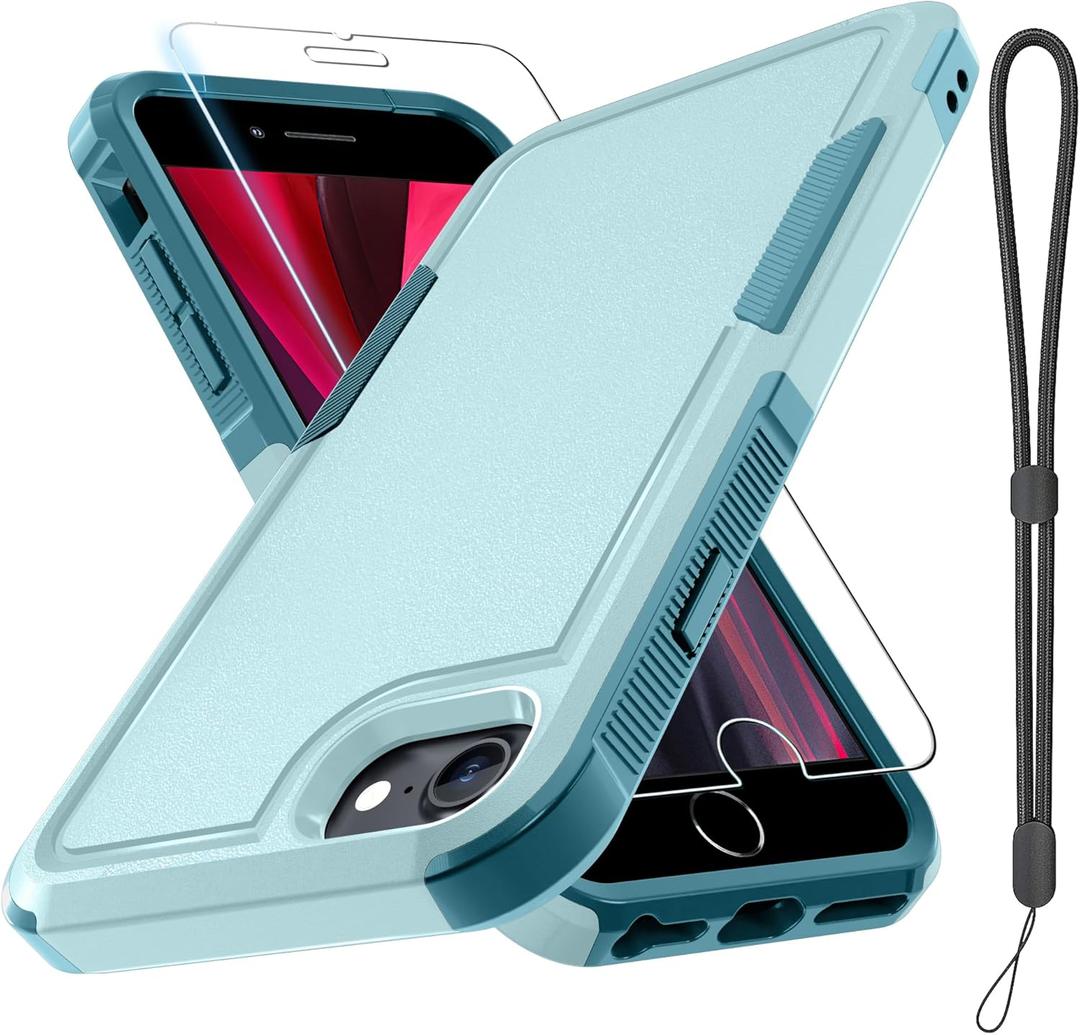 RMOCR Case for iPhone 8/7/SE 2022 2020, with Screen Protector,Military Grade Heavy Duty Shockproof Phone Cover with Wrist Lanyard Strap for iPhone 8/7/SE 2nd 3rd 4.7 inch, Mint Green