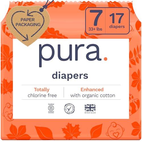 Pura Size 7 Eco-Friendly Diapers (33+lbs) Totally Chlorine Free (TCF) Hypoallergenic, Soft Organic Cotton Comfort, Sustainable, up to 12 Hours Leak Protection, Allergy UK,1 Pack of 17 Diapers