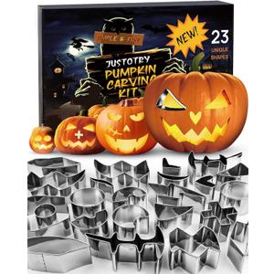 JUSTOTRY Pumpkin Carving Kit with Hammer - Safe for Kids, Halloween Pumpkin Carving Tools, Durable Stainless Steel Non-knife Stencils, Set for Adults, 23 PCS