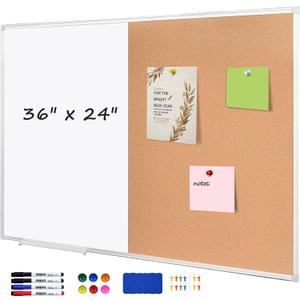 Cork Bulletin Board, 36 X 24 Inches White Magnetic Dry Erase Board, Large Wall Mounted Message Vision Notice Memo Pin Board for Office, Home and School