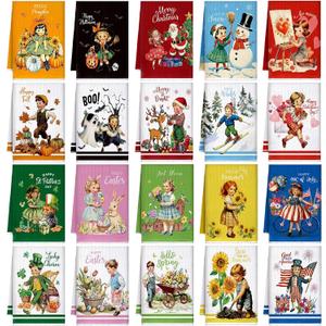 20 Pcs Seasonal Kitchen Towels Holiday Decorative Hand Towels Set Easter Spring Summer 4th of July Dish Cloths 16 x 24 Colorful Wash Cloths with Hanging Loop(Retro)