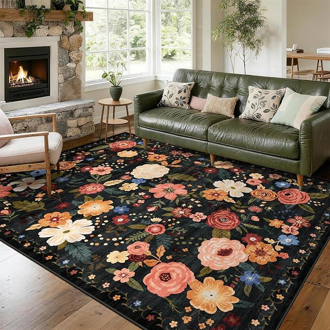 8x10 Washable Area Rug for Living Room, Floral Non-Slip Non-Shedding & Easy Care, Large Soft Low Pile Indoor Floor Carpet for Living Room, Bedroom, Farmhouse, Dining Room, Kids Playroom, Black