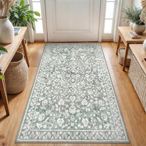 Vintage 3x5 Washable Rug for Entryway, Super Soft Sage Green Grey Entryway Rug with Non-Slip, Printed Faux Wool Floral 3x5 Area Rug Thin Floor Carpet for Kitchen, Bedroom, Living Room