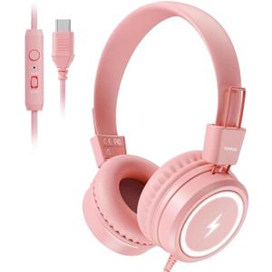 Kid Headphones for School, USB Type C Kids Headphone with LED Lights, Wired Boys Girls Headphones with Safe Limiter 85dB/94dB, Foldable On Ear Headphones with Microphones for Girls, Boys, iPad-Pink