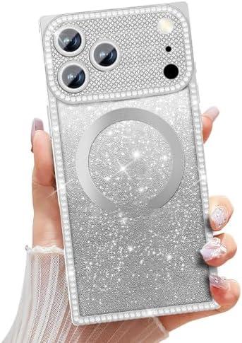 Misscase Magnetic Glitter Case for iPhone 17 Pro Max 6.9 Inch, Camera Protection, Compatible with MagSafe, Rectangle Cute Bling Sparkle Diamond Colorful Phone Cover, Drop-Tested & Shockproof-Silver