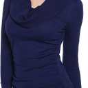 AmlieBoutik Women Casual Slim Fit Cowl Neck Long Sleeve Ruched Sides Pullover Tunic Sweater (X-Small, Navy Blue)