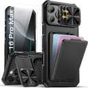 SSLOTSCASE for iPhone 16 Pro Max Case with 2X Screen Protector, Card Holder & Kickstand & Slide Camera Lens Cover, Silicone Edge Rugged Heavy Duty Phone Case Cover for iPhone 16 Pro Max 6.9'', Black