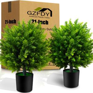 21-Inch Artificial Cedar Ball Trees (Set of Two)  Lifelike, UV-Resistant Decor for Indoor & Outdoor Use  Enhance Your Space with Vibrant Greenery