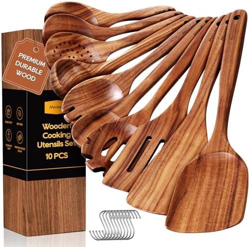 Wooden Spoons for Cooking, 8 PCS Teak Wood Cookware Utensil Set with Hooks - Smooth Finish, Non-Stick, Comfortable Grip, Heat Resistant Kitchen Utensils