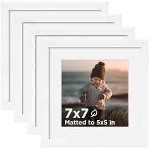 KINLINK 7x7 Picture Frame White Set of 4, Wooden Square Photo Frames Matted 5x5 with Plexiglass for 5x5 with Mat or 7x7 without Mat for Table and Wall Display