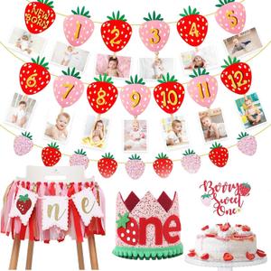 Oudain 6 Pcs Strawberry First Birthday Party Decoration Berry 1st Monthly Photo Banner and Strawberry High Chair Banner and Birthday Hat and Cake Topper for Baby Shower Souvenir 12 Months Kids Gifts