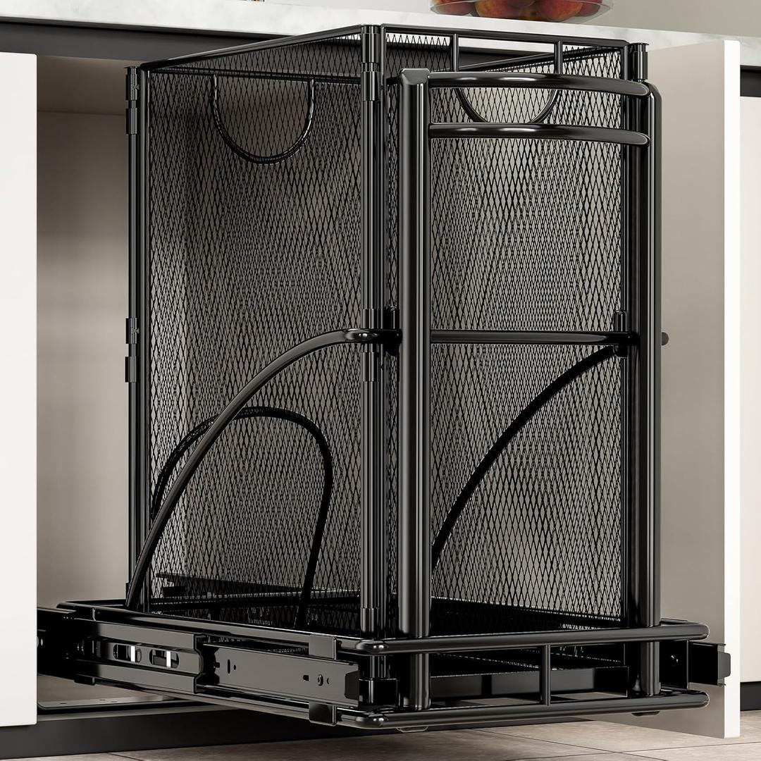 Under Sink Trash Can 7.4Gal 30Qt Pull Out Trash Can Under Cabinet 13" Wx17 Hx19 D, Cabinet Trash Can Pull Out Kit Sliding Garbage Bin Under Counter, with A Metal Basket (Black + Metal Basket)