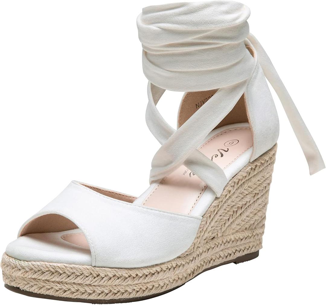 Vepose Women's Espadrille Wedge Sandals, Rome 882 Open Toe Lace Up Platform Wedges, Comfortable Ankle Wrap Heels for Summer, Wedding, Beach, Casual, Size 9.5