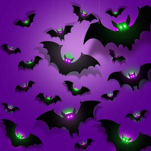 24 Pack Light Up Bats Halloween Decorations Window Stickers Wall Decals Purple Green LED Glow in The Dark Hanging Bat Decor for Trees Indoor Outdoor Home Garage Classroom Party
