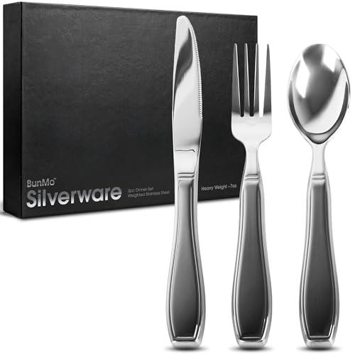BUNMO Utensils for Elderly, Arthritis, Weak Hand Grip & Handicapped - for Tremors and Parkinsons Patients - Stainless Steel - Eat Independently - Weighted 3 Piece Set