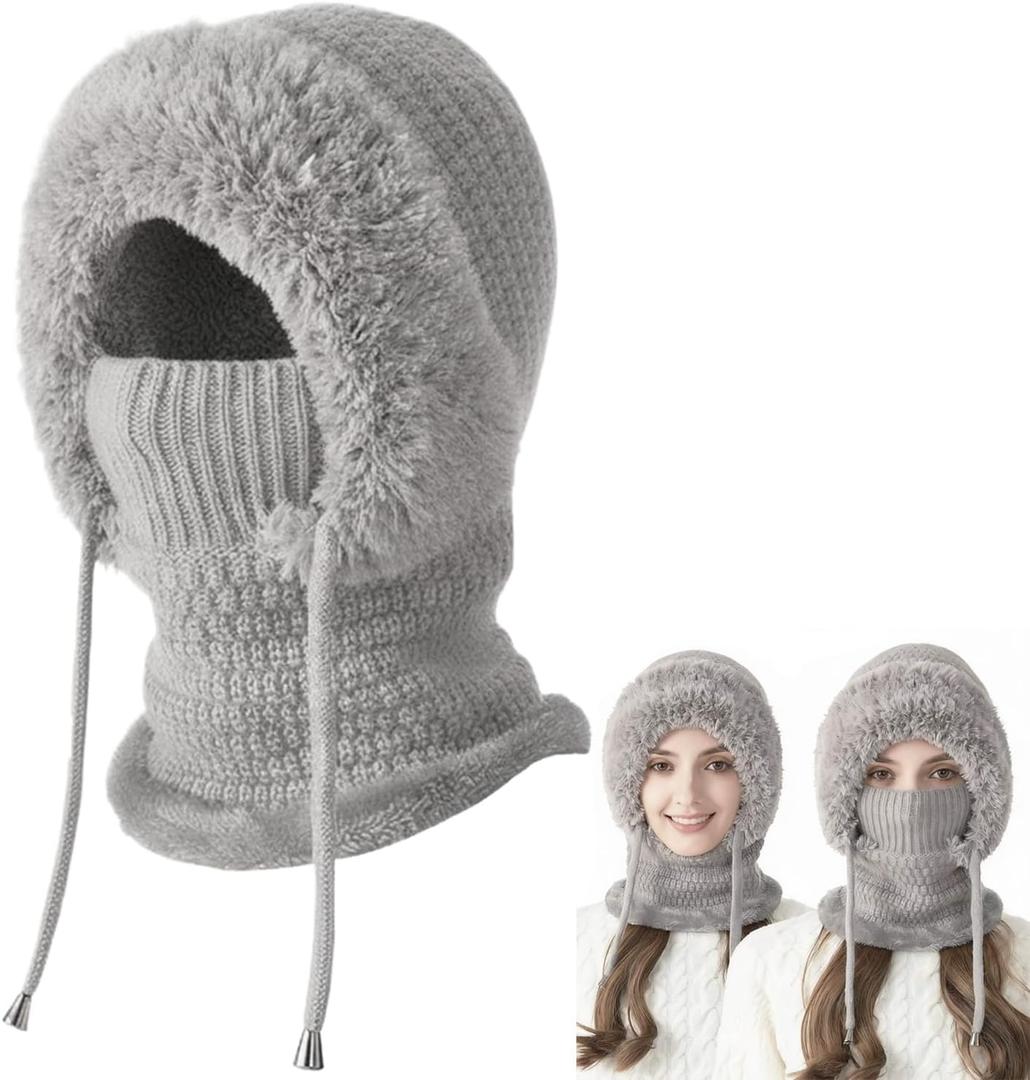 3 in 1 Beanie Hat with Scarf and Mask for Women, Winter Ski Mask & Neck Gaiter Set, Knitted Balaclava Hats for Cold Weather Gray (Gray)