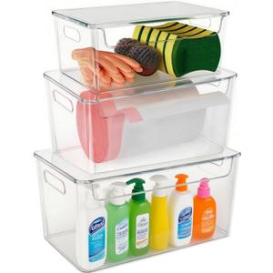 3 Pack Trash Bag Organizer Under Sink, Stackable Plastic Garbage Bags Holder with Lid, Trash Bag Dispenser Roll Storage for Kitchen, Pantry & Laundry Room Organization