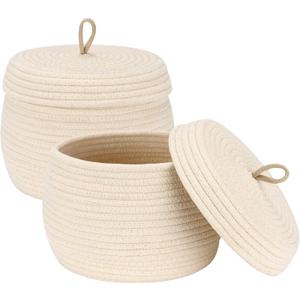 Sea Team Round Cotton Rope Storage Basket with Lid, Decorative Woven Storage Bin, Pot, Caddy, Organizer, Container for Snacks, Towels, Plants (Cream, Small/2-Pack)