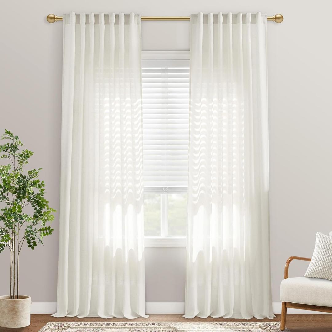 8FT 96 Inch Linen Sheer Curtains, Natural Linen Cotton Blend Light Weight Light Filtering Panels for Floor to Ceiling Window or Track System, Wide 50 x 96 Inches Long, 2 Panel Set