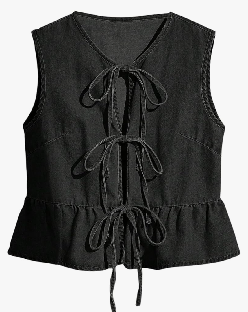 SHENHE Women's Y2k Tie Front Denim Vest V Neck Ruffle Hem Sleeveless Peplum Jean Top Shirt S